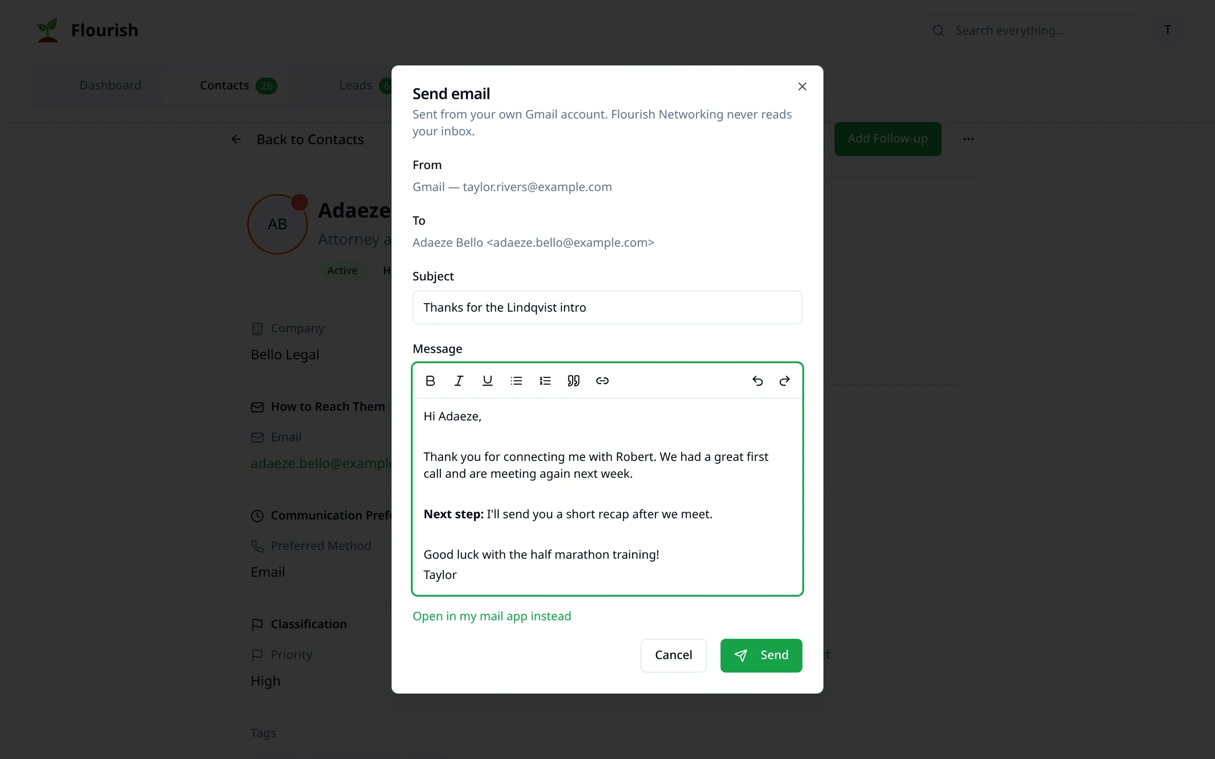 Formatted email composer sending from a connected Gmail account