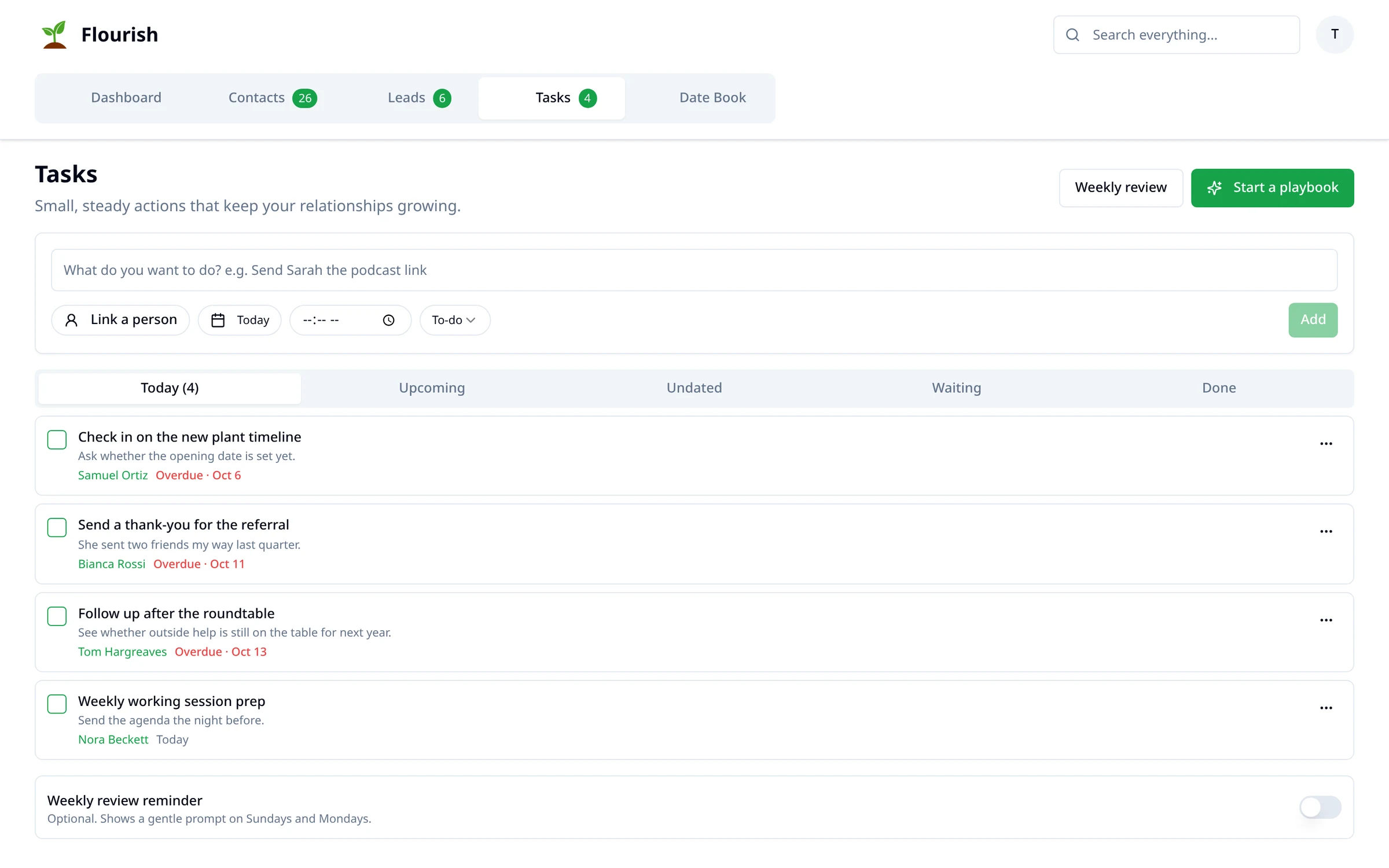 Flourish Networking follow-up view for staying connected after importing contacts
