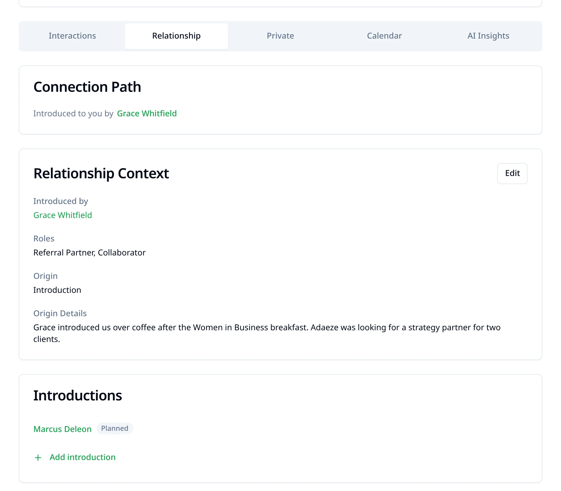 Flourish Networking contact record with relationship details and introduction context