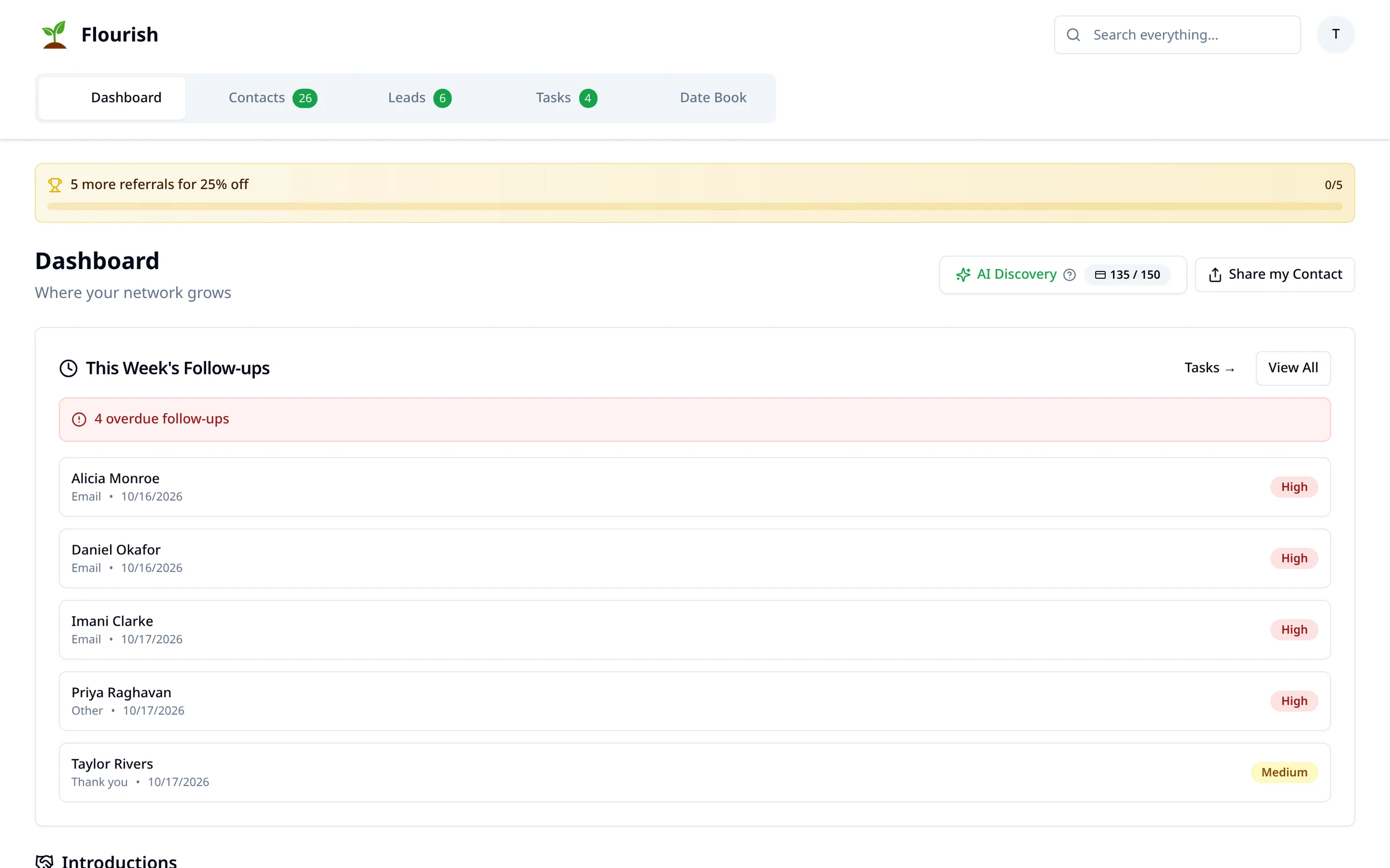 Flourish Networking dashboard showing contacts, follow-ups, and upcoming relationship activity
