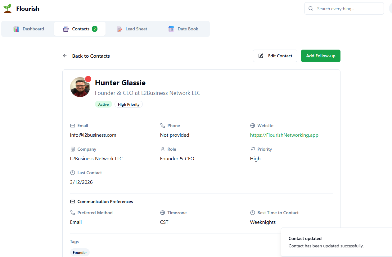 Flourish CRM contact detail view showing rich profiles, interaction history, and follow-up reminders